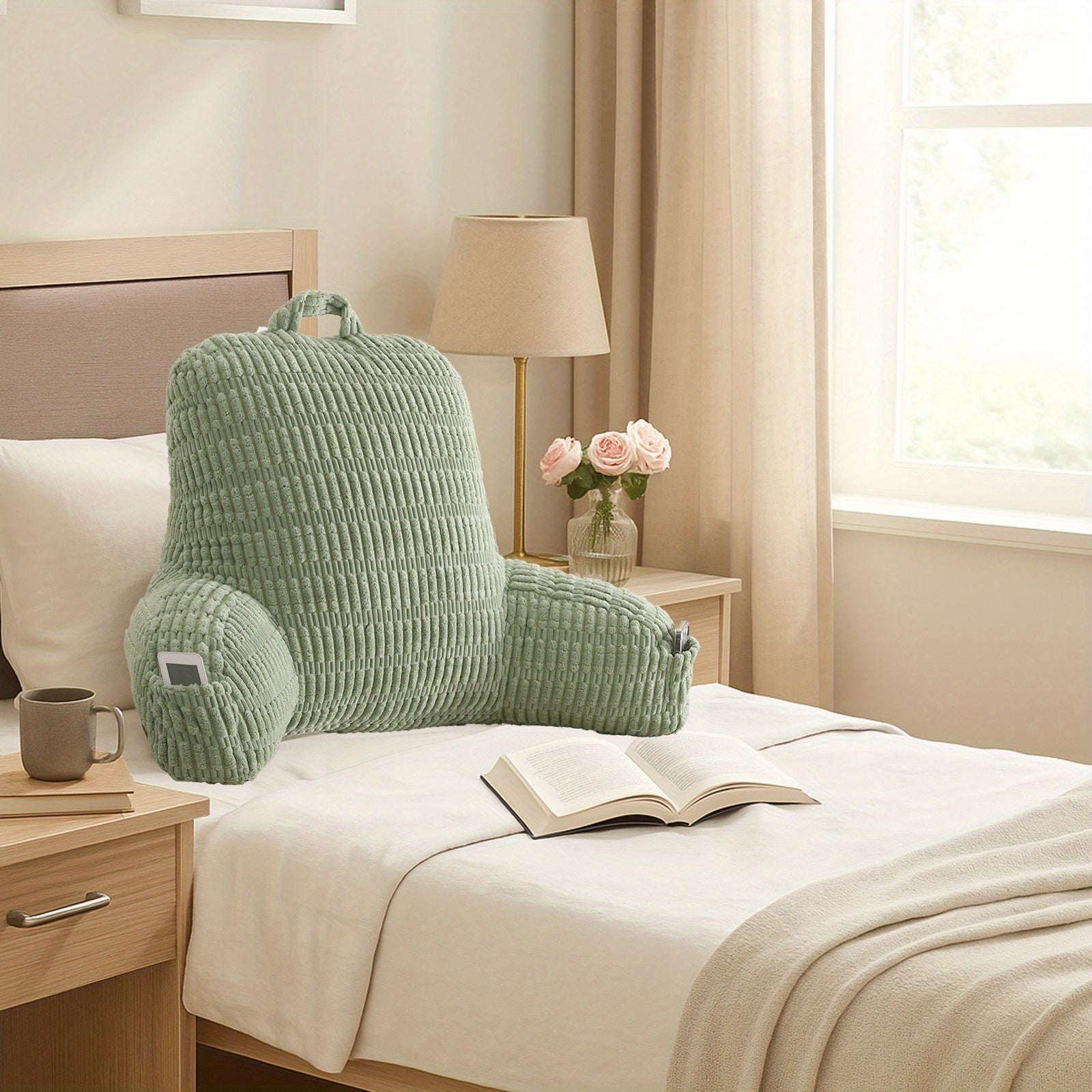 Comfort Cushion | Lumbar Support Pillow | Ergonomic Back Support Pillow | Backrest Cushion | Corduroy Reading Pillow Lumbar Cushion | Machine Washable | Bed Head Support Cushion with Armrests And Storage Pockets | Suitable for Office, Home, Bed