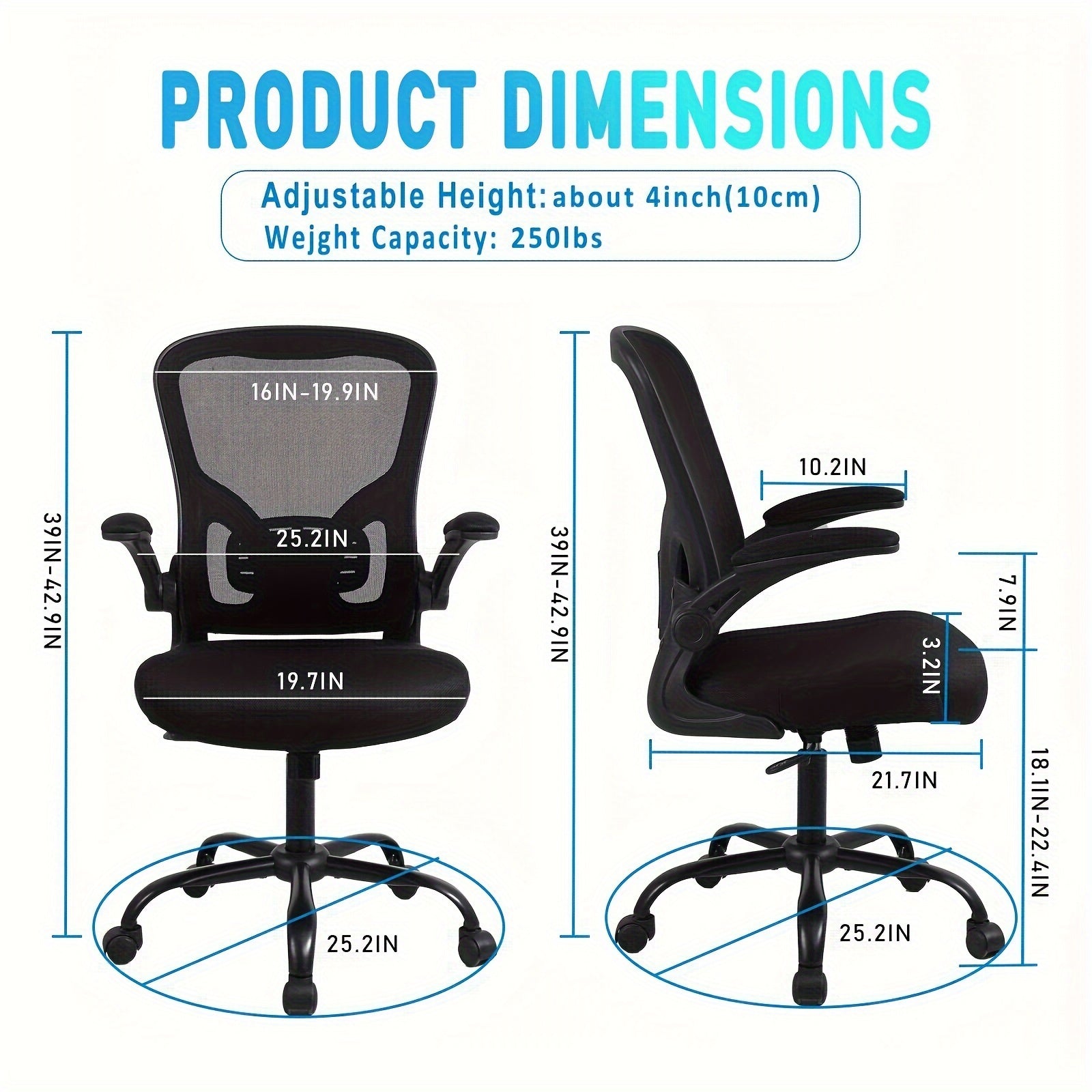 Home & Office Mesh Chair, Comfortable Breathable Adjustable Swivel Computer Chair, Ergonomic Design for Long Sitting,, Black One-piece