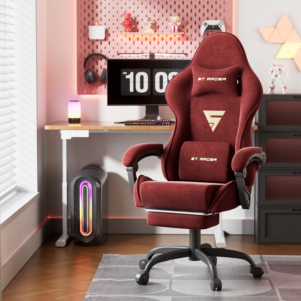 Velvet Fabric Ergonomic Gaming Chair with Footrest And Massage, Reclining Computer Gamer Chair for Adult And Teens, Racing Style PC Home Office Video Game Chair