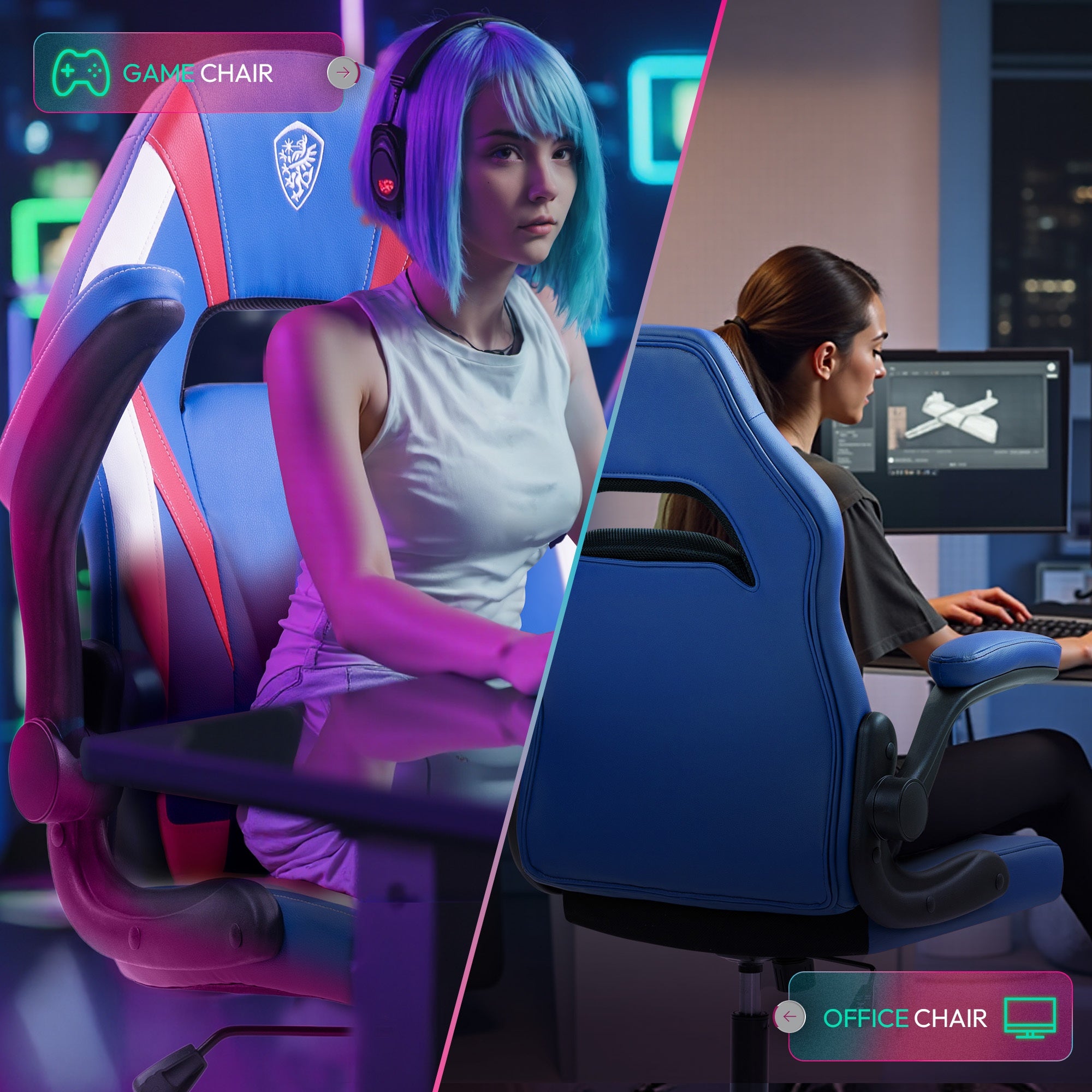 Blue Ergonomic Gaming Chair Featuring Breathable Faux Leather And Pocket Spring Cushioning - Includes Lumbar Support And a 360° Swivel for Adjustable Comfort, Perfect for Long Gaming Sessions! Additional Color Options Are Also Available!