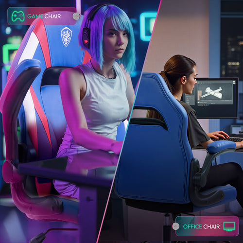 Blue Ergonomic Gaming Chair Featuring Breathable Faux Leather And Pocket Spring Cushioning - Includes Lumbar Support And a 360° Swivel for Adjustable Comfort, Perfect for Long Gaming Sessions! Additional Color Options Are Also Available!