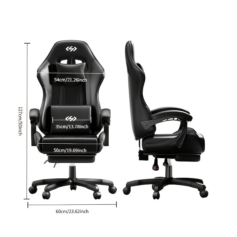 Ergonomic Gaming Chair with Spring Cushion, Headrest & Lumbar Support, PU Leather Swivel Computer Desk Chair for Office & Gaming