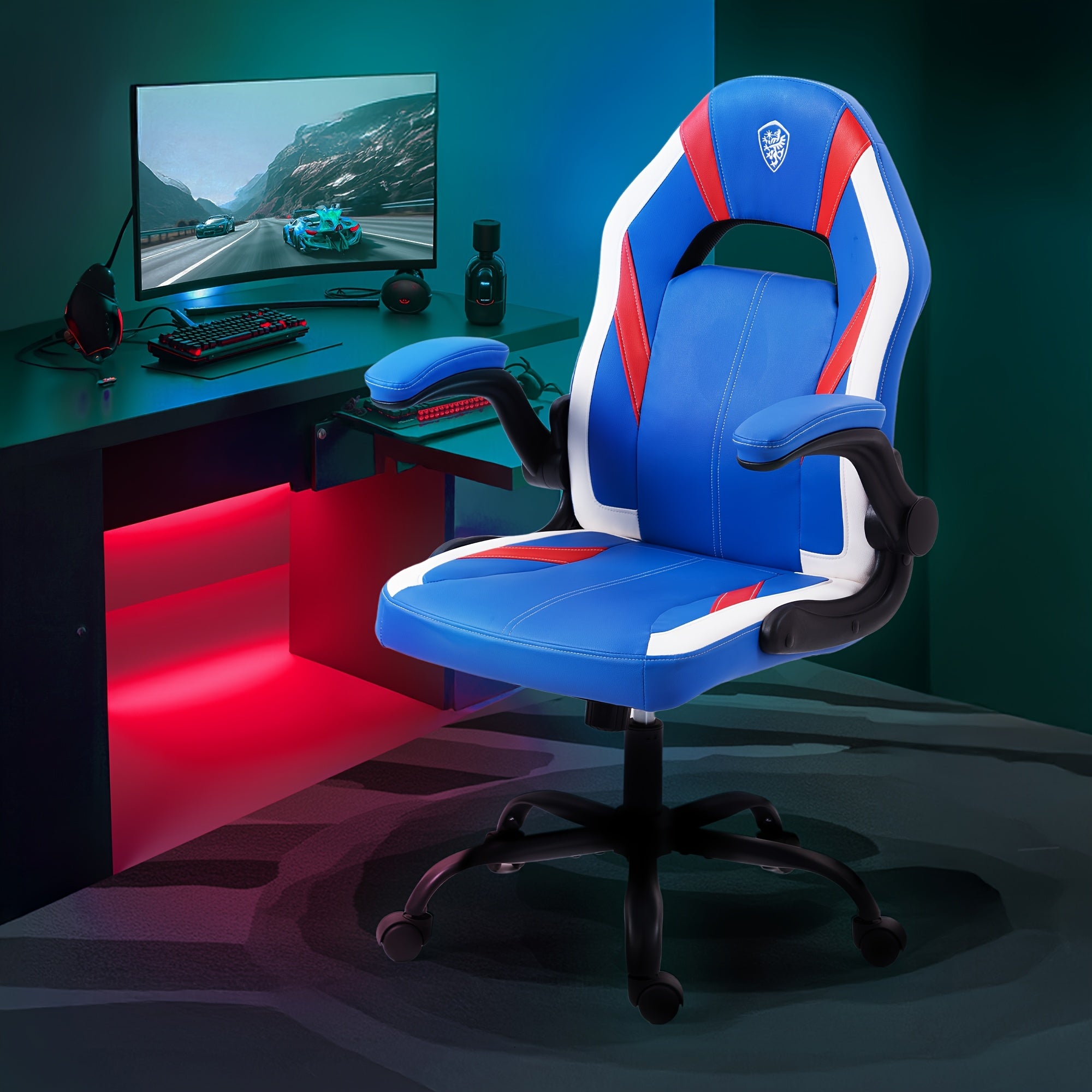 Blue Ergonomic Gaming Chair Featuring Breathable Faux Leather And Pocket Spring Cushioning - Includes Lumbar Support And a 360° Swivel for Adjustable Comfort, Perfect for Long Gaming Sessions! Additional Color Options Are Also Available!
