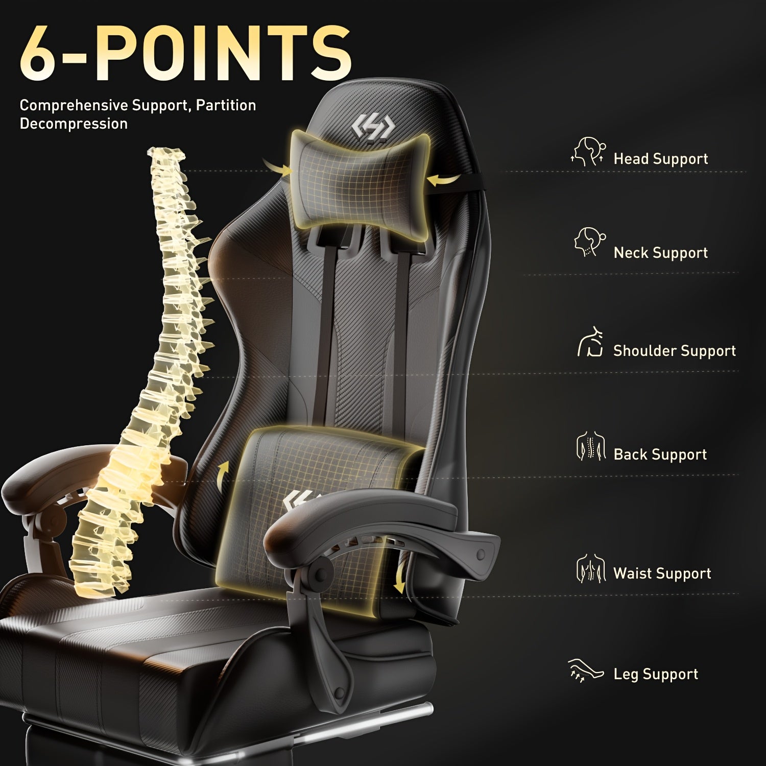 Ergonomic Gaming Chair with Spring Cushion, Headrest & Lumbar Support, PU Leather Swivel Computer Desk Chair for Office & Gaming