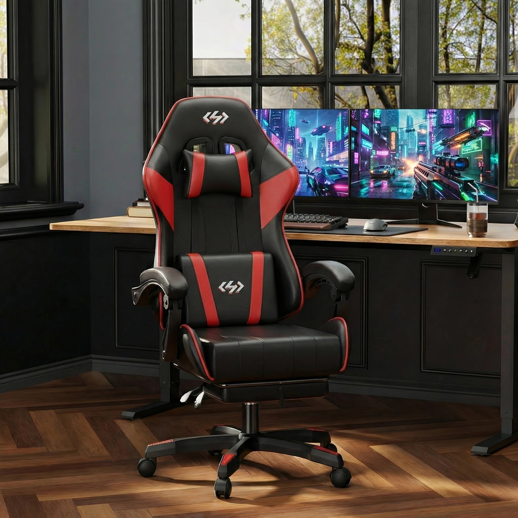 Ergonomic Gaming Chair with Spring Cushion, Headrest & Lumbar Support, PU Leather Swivel Computer Desk Chair for Office & Gaming