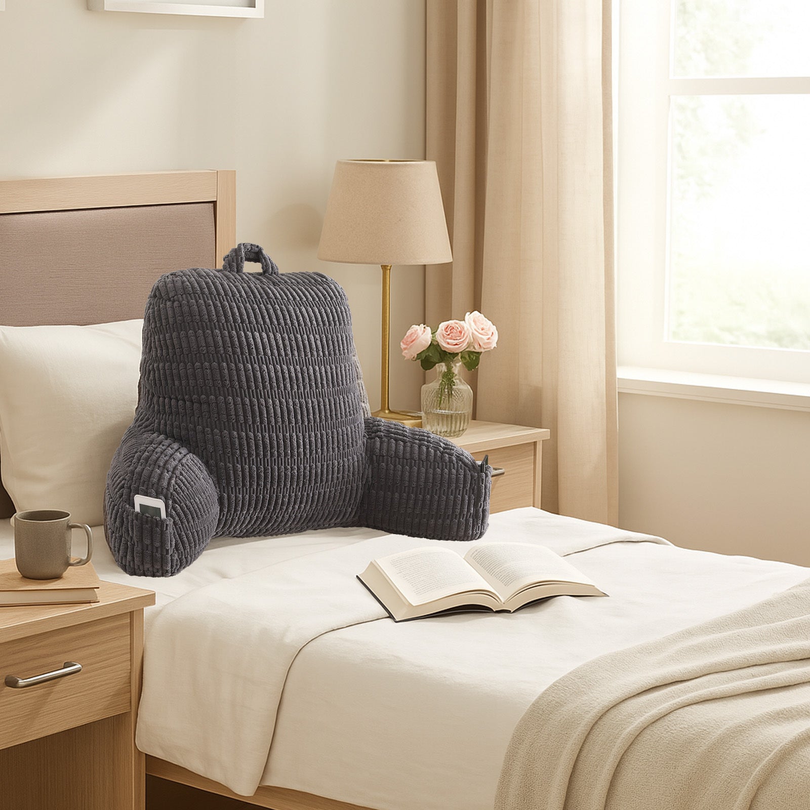 Comfort Cushion | Lumbar Support Pillow | Ergonomic Back Support Pillow | Backrest Cushion | Corduroy Reading Pillow Lumbar Cushion | Machine Washable | Bed Head Support Cushion with Armrests And Storage Pockets | Suitable for Office, Home, Bed
