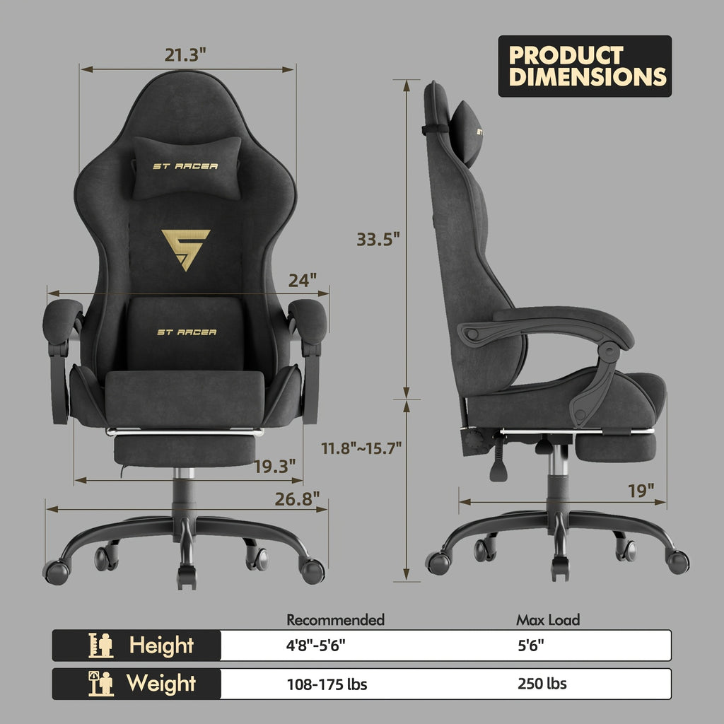 Velvet Fabric Ergonomic Gaming Chair with Footrest And Massage, Reclining Computer Gamer Chair for Adult And Teens, Racing Style PC Home Office Video Game Chair