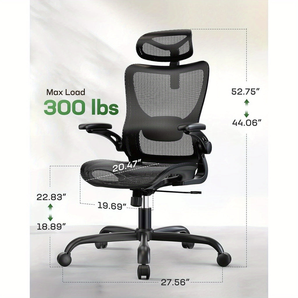 Ergonomic Mesh Office Chair High Back Home Office Desk Chair with Adaptive Lumbar Support, 2D Headrest, 3D Flip-Up Armrests, Height Adjustable and Rocking Tilt for Home Office and Gaming