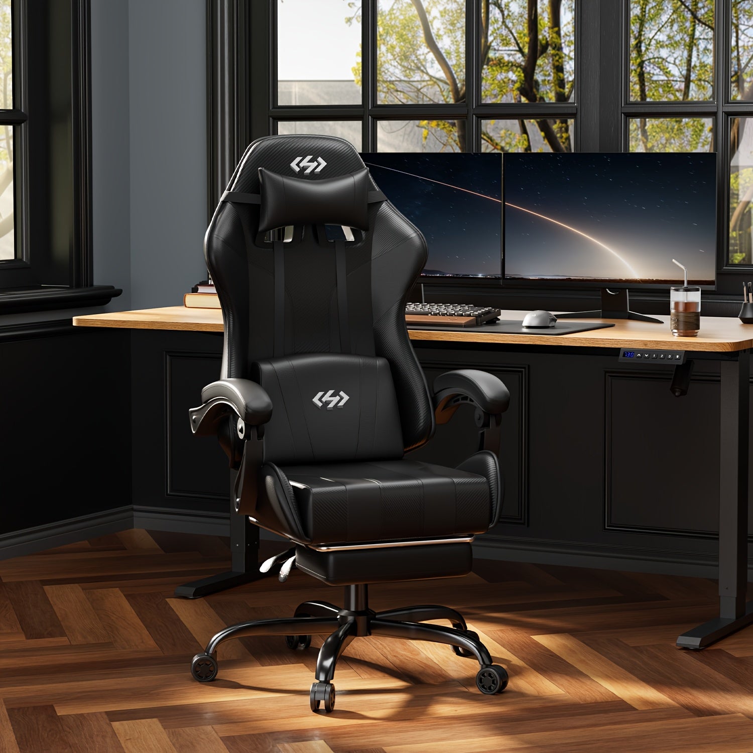 Ergonomic Gaming Chair with Spring Cushion, Headrest & Lumbar Support, PU Leather Swivel Computer Desk Chair for Office & Gaming