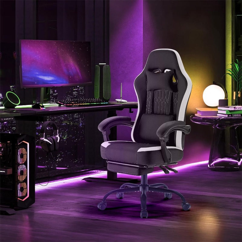 Computer Game Chair - Ergonomic Office Chair with Foot and Lumbar Support, Height Adjustable Work Chair, Headrests, Armrests, and Rollers
