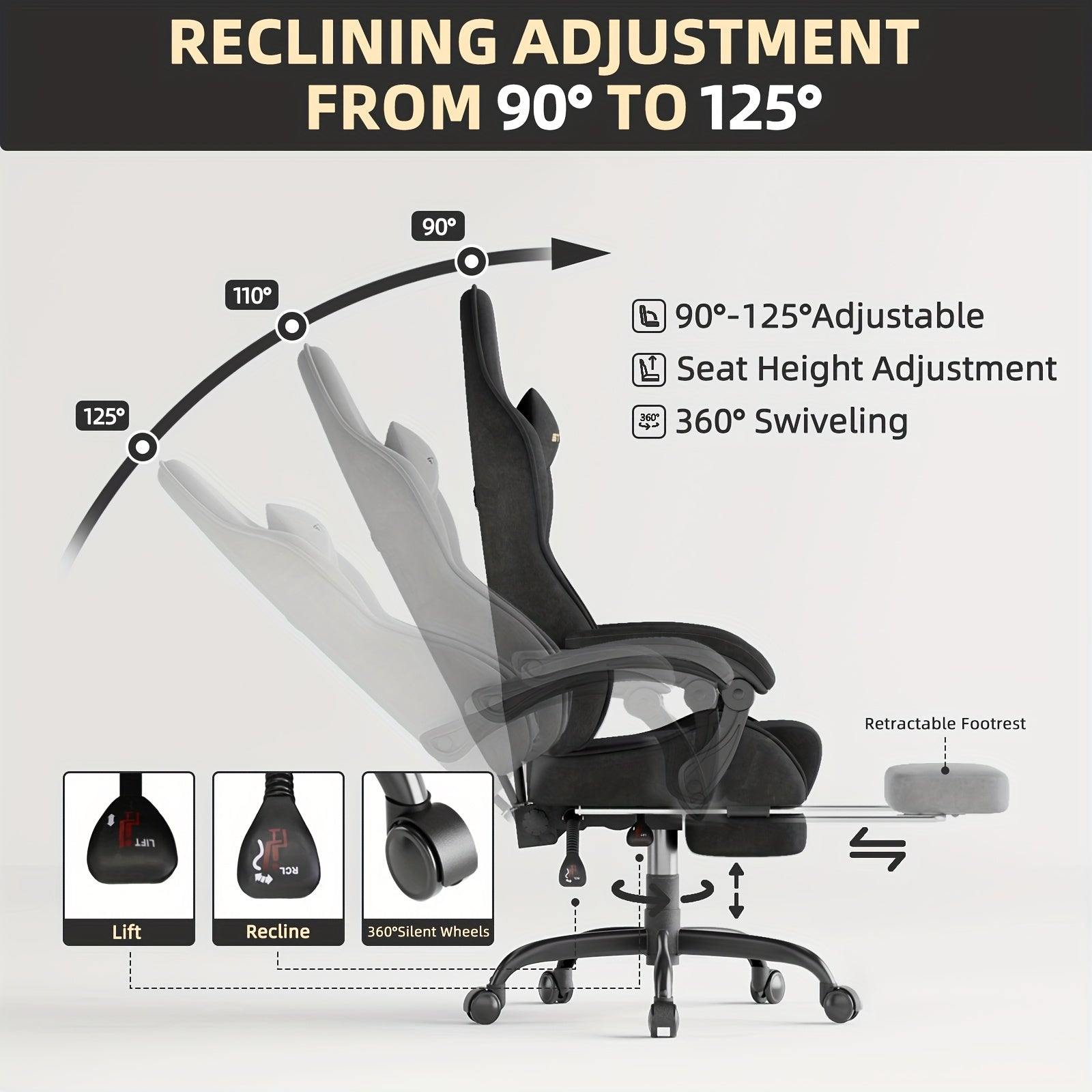 Velvet Fabric Ergonomic Gaming Chair with Footrest And Massage, Reclining Computer Gamer Chair for Adult And Teens, Racing Style PC Home Office Video Game Chair