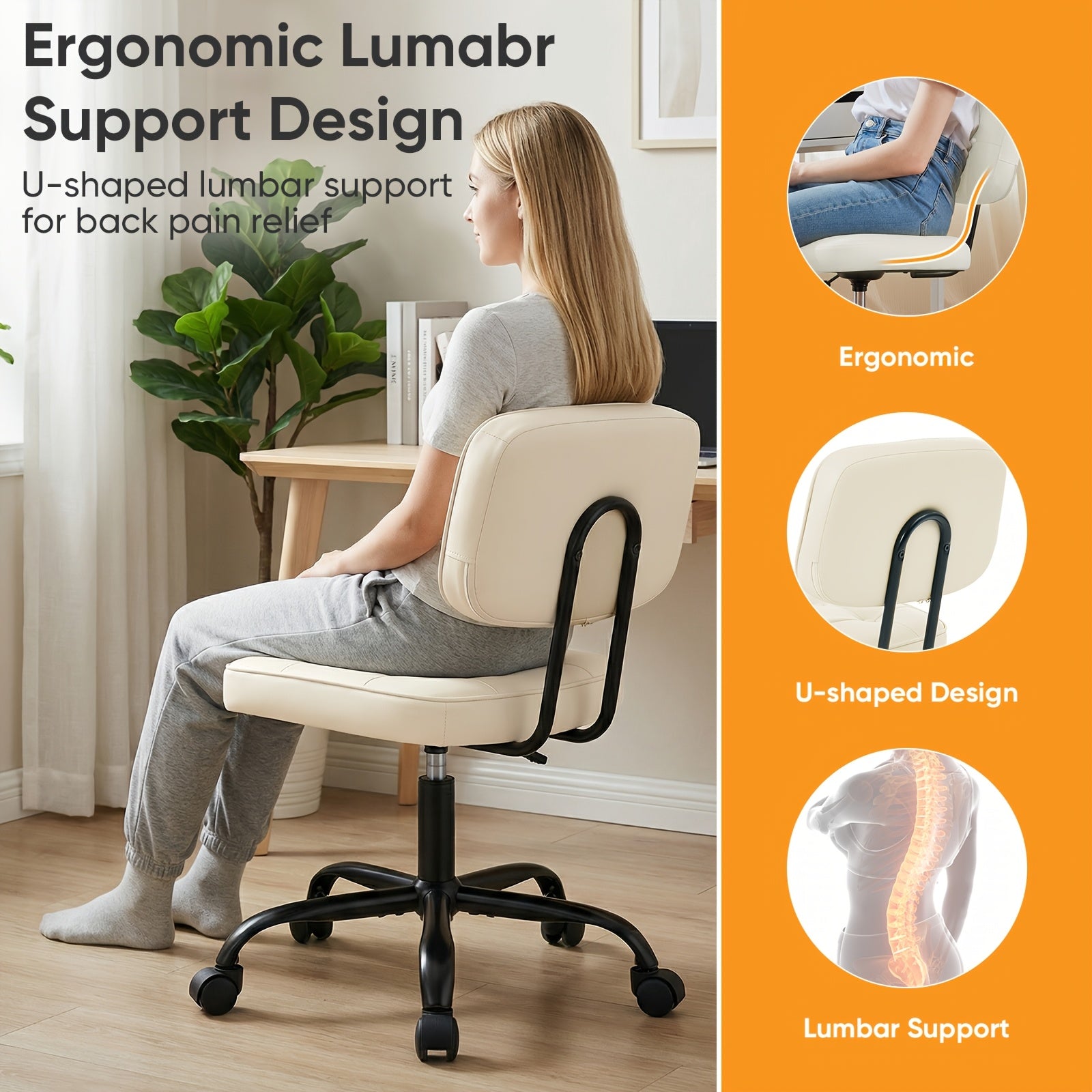 Armless Office Chair on Wheels, Height Adjustable Compact Desk Chair, Mid Back 360 Degree Swivel Computer Chair