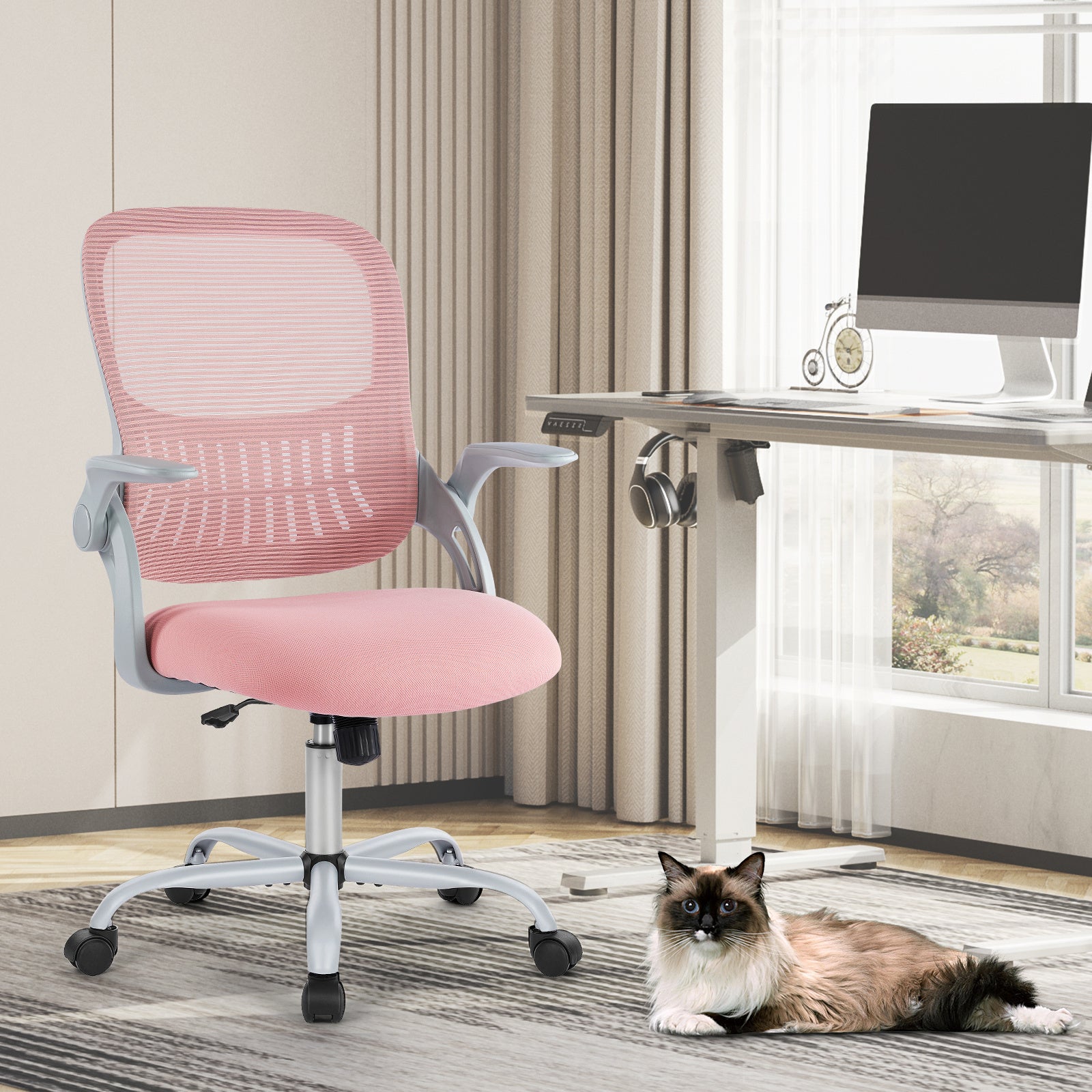 JHK Ergonomic Mesh Office Chair, Mid-Back Swivel Task Chair with Lumbar Support and Flip-Up Arms, Rolling Computer Desk Chair for Home Office