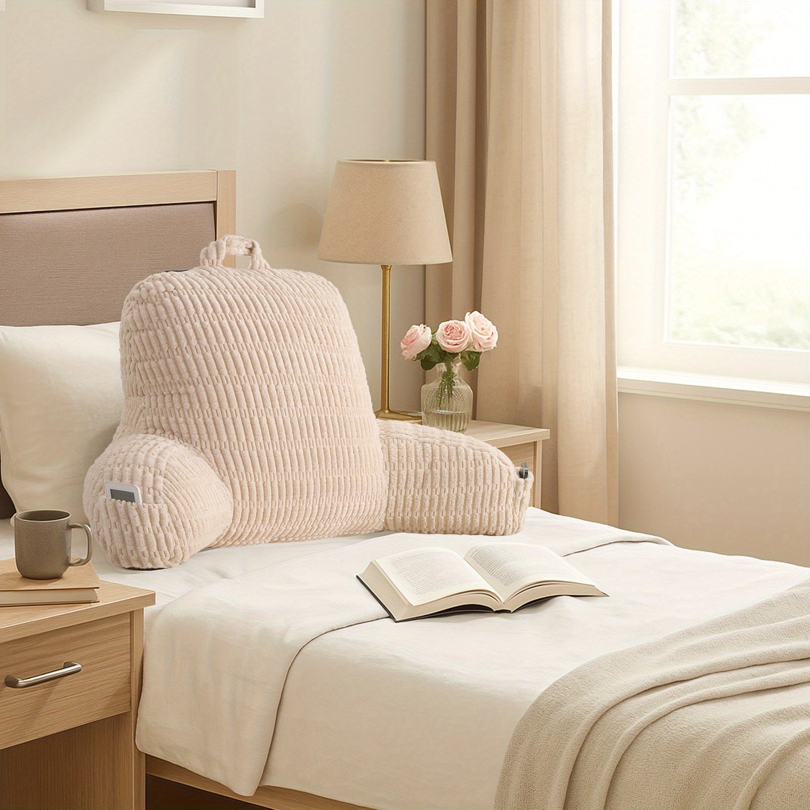 Comfort Cushion | Lumbar Support Pillow | Ergonomic Back Support Pillow | Backrest Cushion | Corduroy Reading Pillow Lumbar Cushion | Machine Washable | Bed Head Support Cushion with Armrests And Storage Pockets | Suitable for Office, Home, Bed