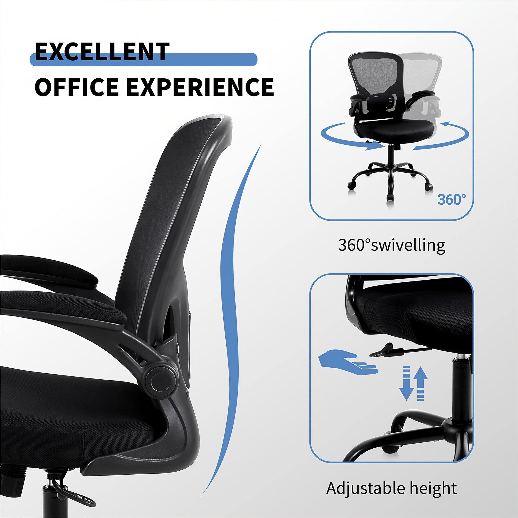 Home & Office Mesh Chair, Comfortable Breathable Adjustable Swivel Computer Chair, Ergonomic Design for Long Sitting,, Black One-piece