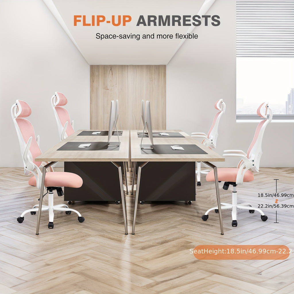 Ergonomic Gaming Chair Ergonomic Office Desk Computer Chair, High Back Comfy Swivel Home Gaming Mesh Chairs With Wheels, Adjustable Headrest, Comfortable Lumbar Support, Flip-up Arms, 144° Tilt For Study