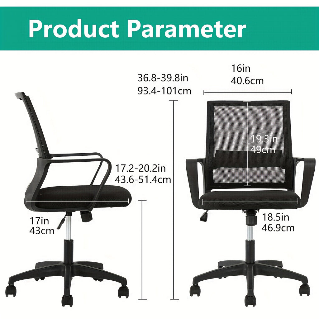 Mesh Chair, Mid-Back Office Chair Computer Chair Ergonomic Desk Chair, 5-Wheel Base & 360° Swivel, Suitable For Long Hours Of Use, Chaise Confortable, Home Office Furniture