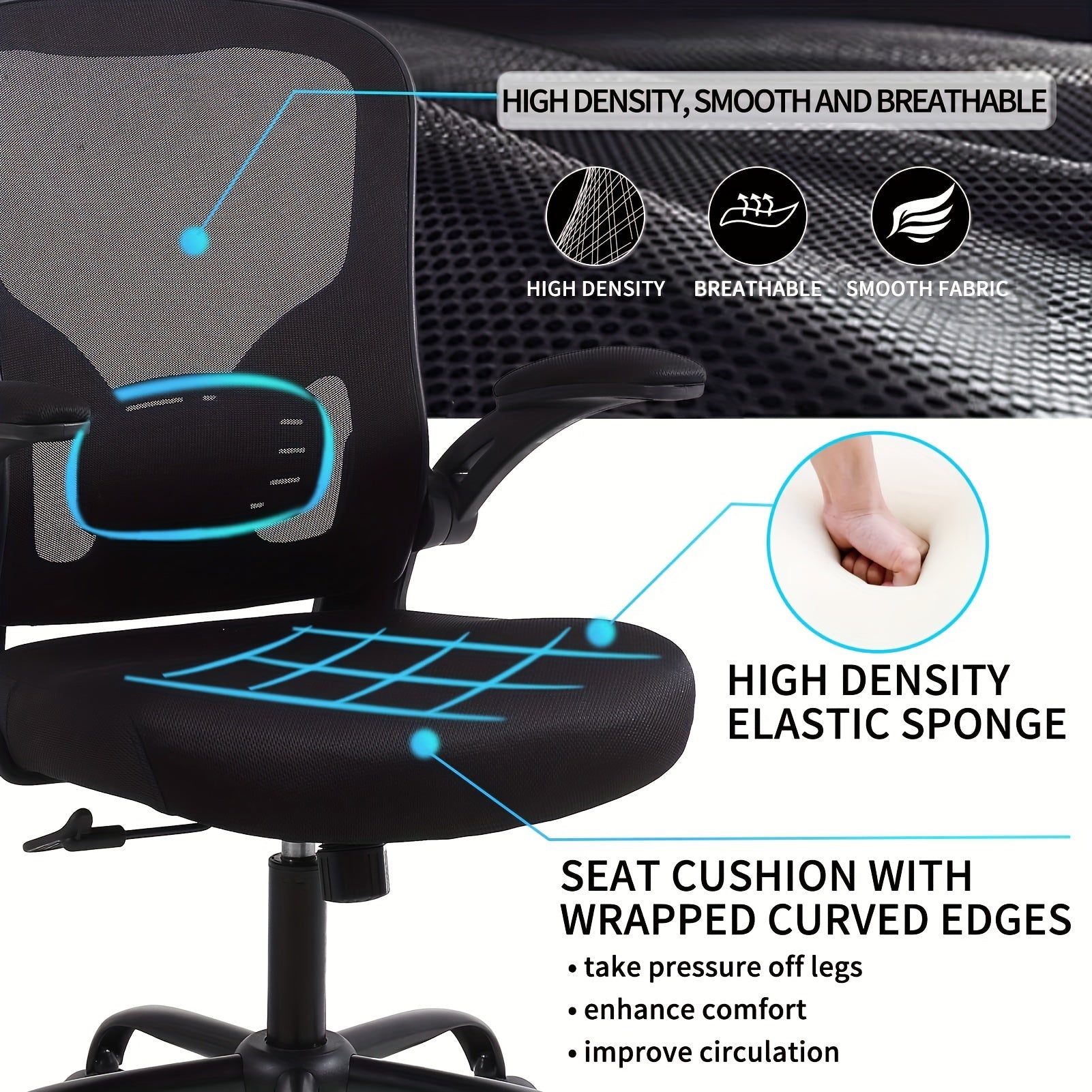 Home & Office Mesh Chair, Comfortable Breathable Adjustable Swivel Computer Chair, Ergonomic Design for Long Sitting,, Black One-piece