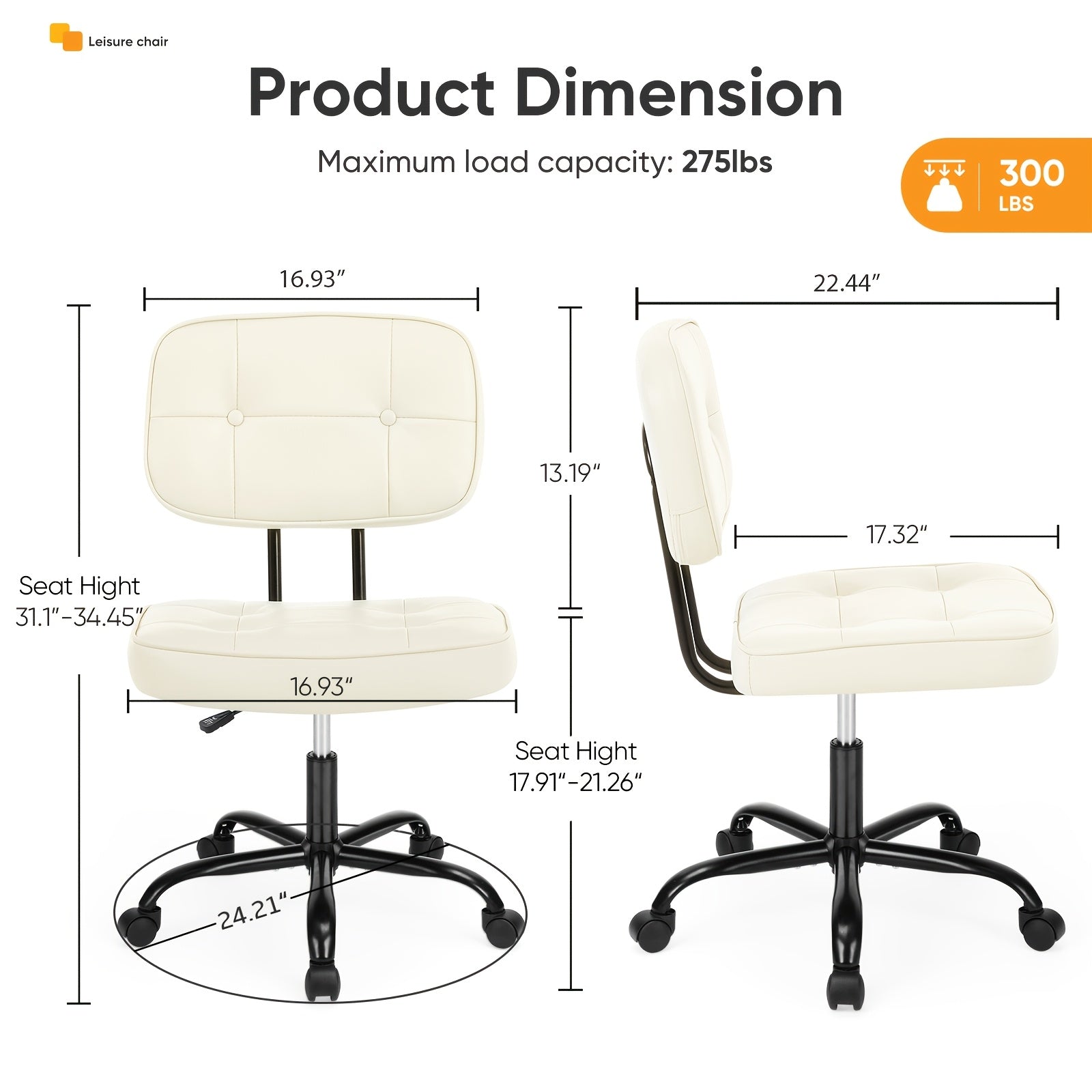 Armless Office Chair on Wheels, Height Adjustable Compact Desk Chair, Mid Back 360 Degree Swivel Computer Chair