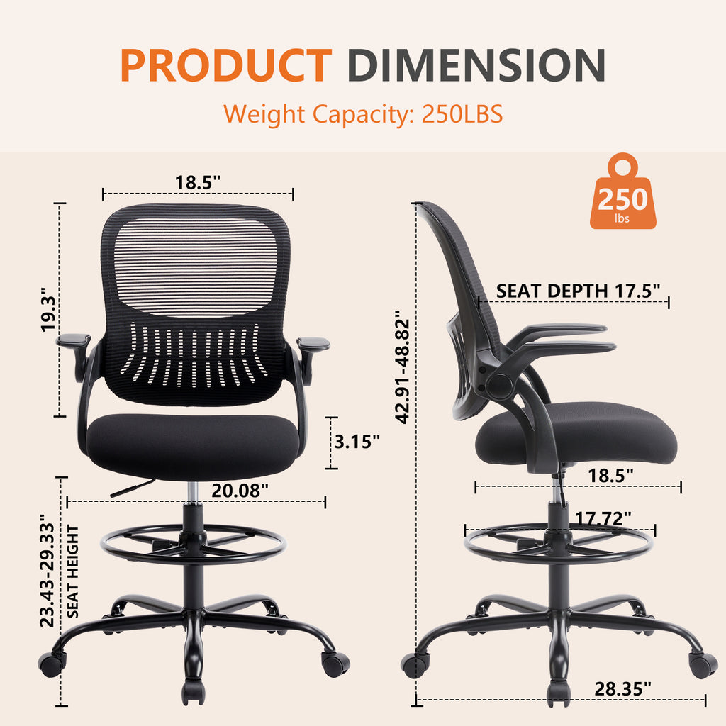 Drafting Chair with Flip-Up Armrests and Rolling Wheels, Ergonomic Computer Desk Chair with Footrest for Home Office with Mesh Backrest Lumbar Support, Adjustable Height