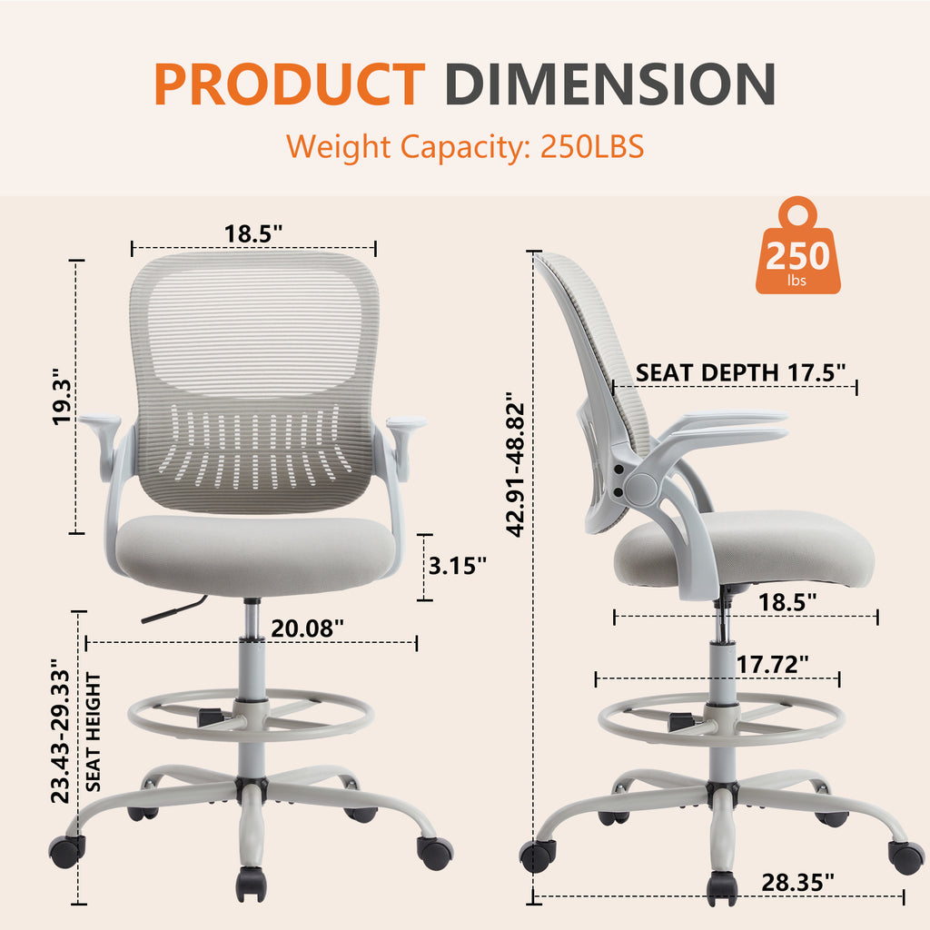 Drafting Chair with Flip-Up Armrests and Rolling Wheels, Ergonomic Computer Desk Chair with Footrest for Home Office with Mesh Backrest Lumbar Support, Adjustable Height