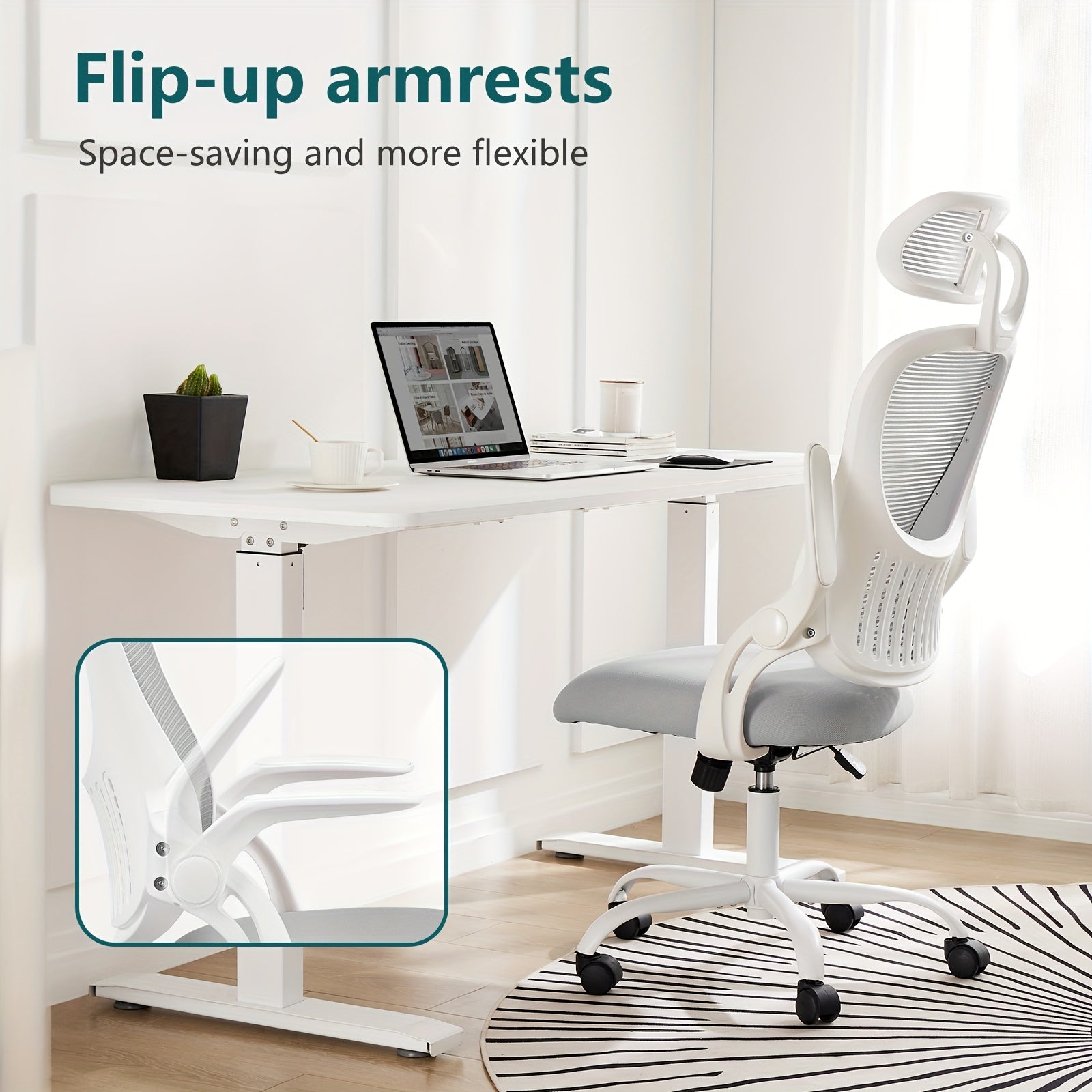 Home Office Desk Chair, Ergonomic High-Back Mesh Rolling Work Computer Chairs with Wheels and Adjustable Headrests, Comfortable Lumbar Support, Comfy Flip-up Arms for Bedroom, Study