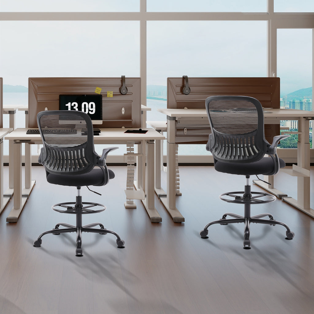 Drafting Chair with Flip-Up Armrests and Rolling Wheels, Ergonomic Computer Desk Chair with Footrest for Home Office with Mesh Backrest Lumbar Support, Adjustable Height