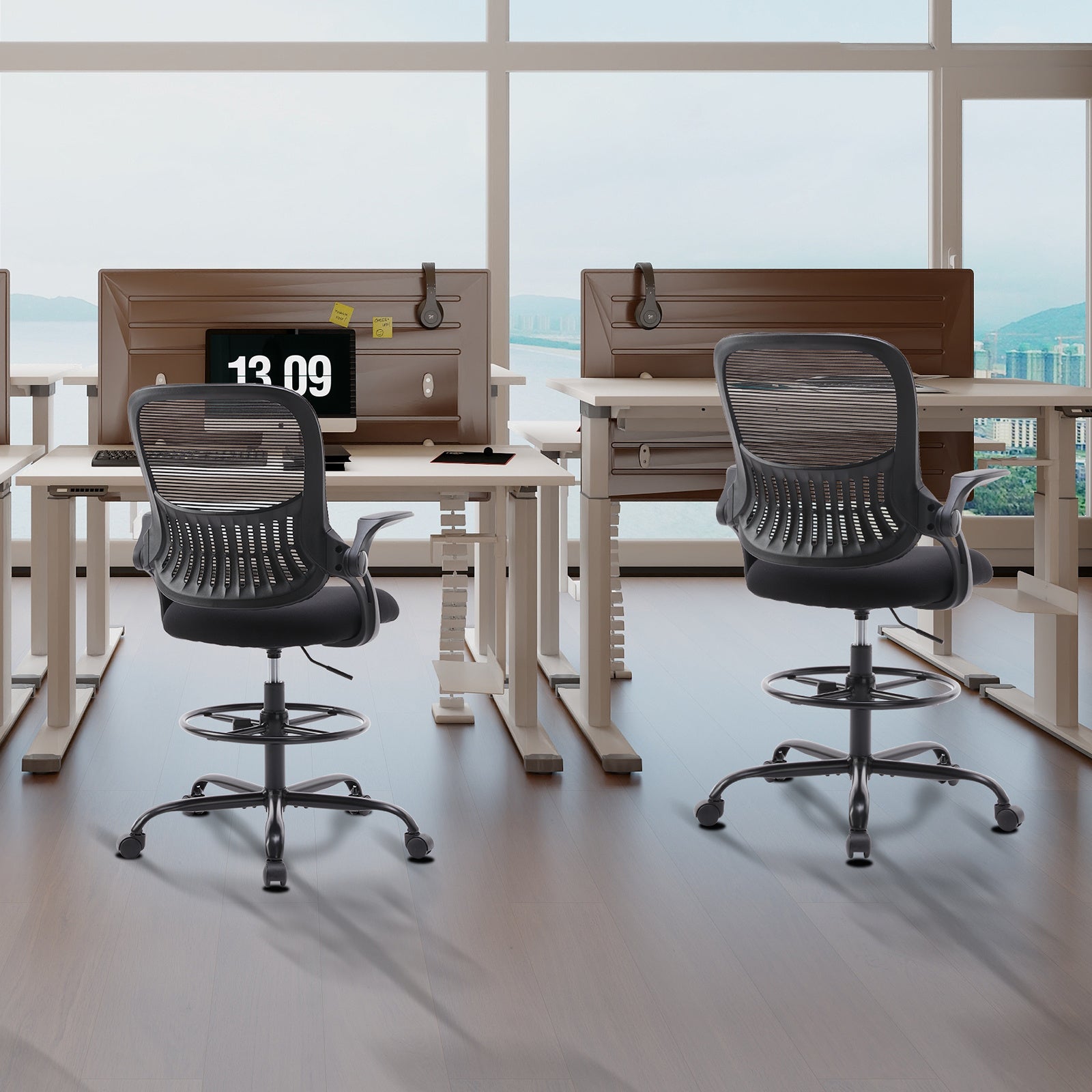 Drafting Chair with Flip-Up Armrests and Rolling Wheels, Ergonomic Computer Desk Chair with Footrest for Home Office with Mesh Backrest Lumbar Support, Adjustable Height