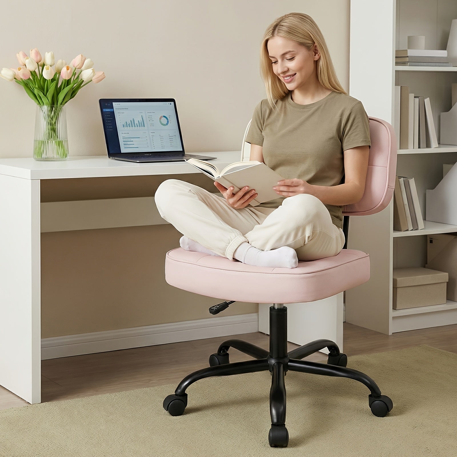 Armless Office Chair on Wheels, Height Adjustable Compact Desk Chair, Mid Back 360 Degree Swivel Computer Chair