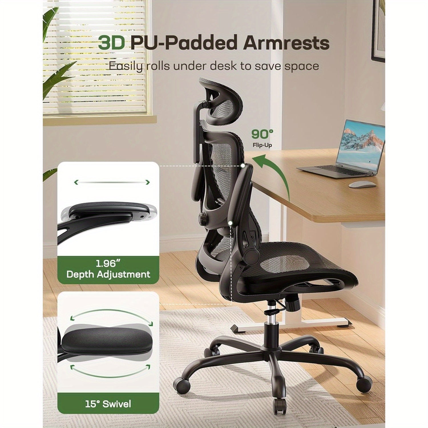 Ergonomic Mesh Office Chair High Back Home Office Desk Chair with Adaptive Lumbar Support, 2D Headrest, 3D Flip-Up Armrests, Height Adjustable and Rocking Tilt for Home Office and Gaming