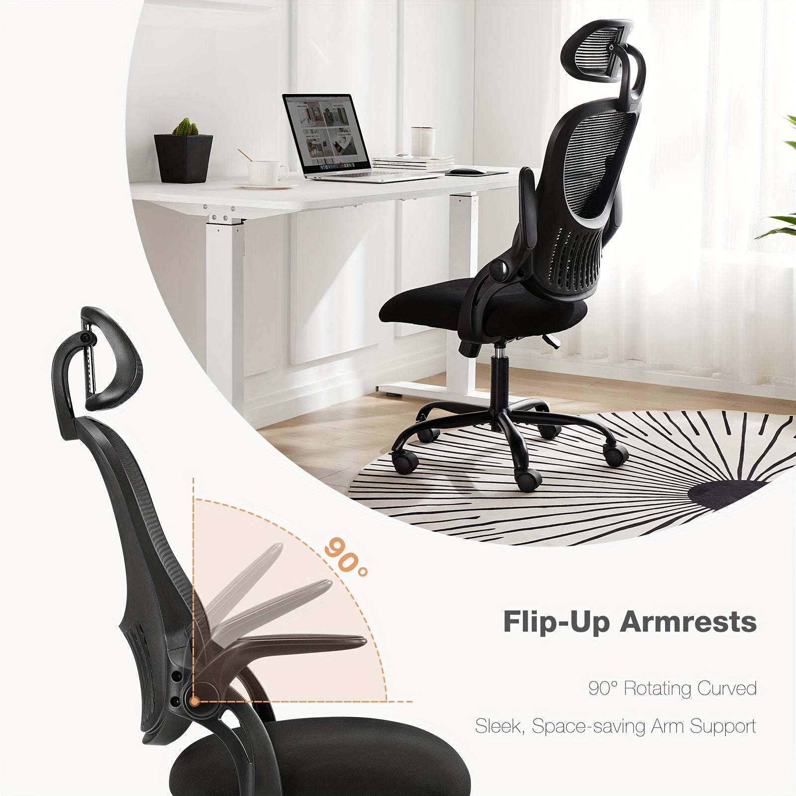 Ergonomic Gaming Chair Ergonomic Office Desk Computer Chair, High Back Comfy Swivel Home Gaming Mesh Chairs With Wheels, Adjustable Headrest, Comfortable Lumbar Support, Flip-up Arms, 144° Tilt For Study