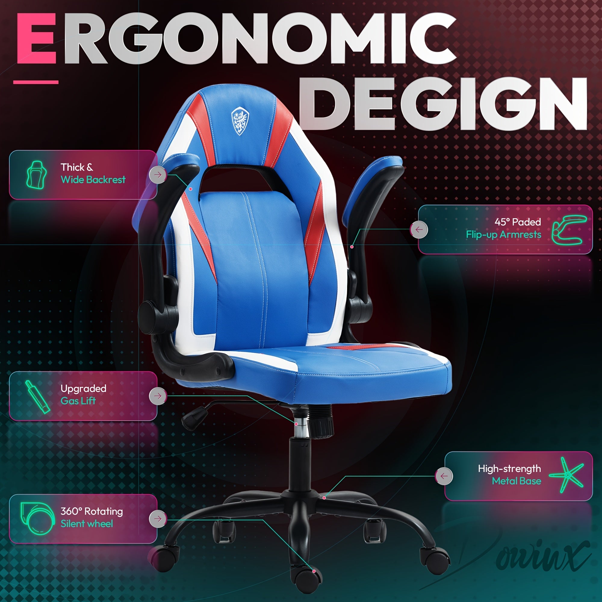 Blue Ergonomic Gaming Chair Featuring Breathable Faux Leather And Pocket Spring Cushioning - Includes Lumbar Support And a 360° Swivel for Adjustable Comfort, Perfect for Long Gaming Sessions! Additional Color Options Are Also Available!