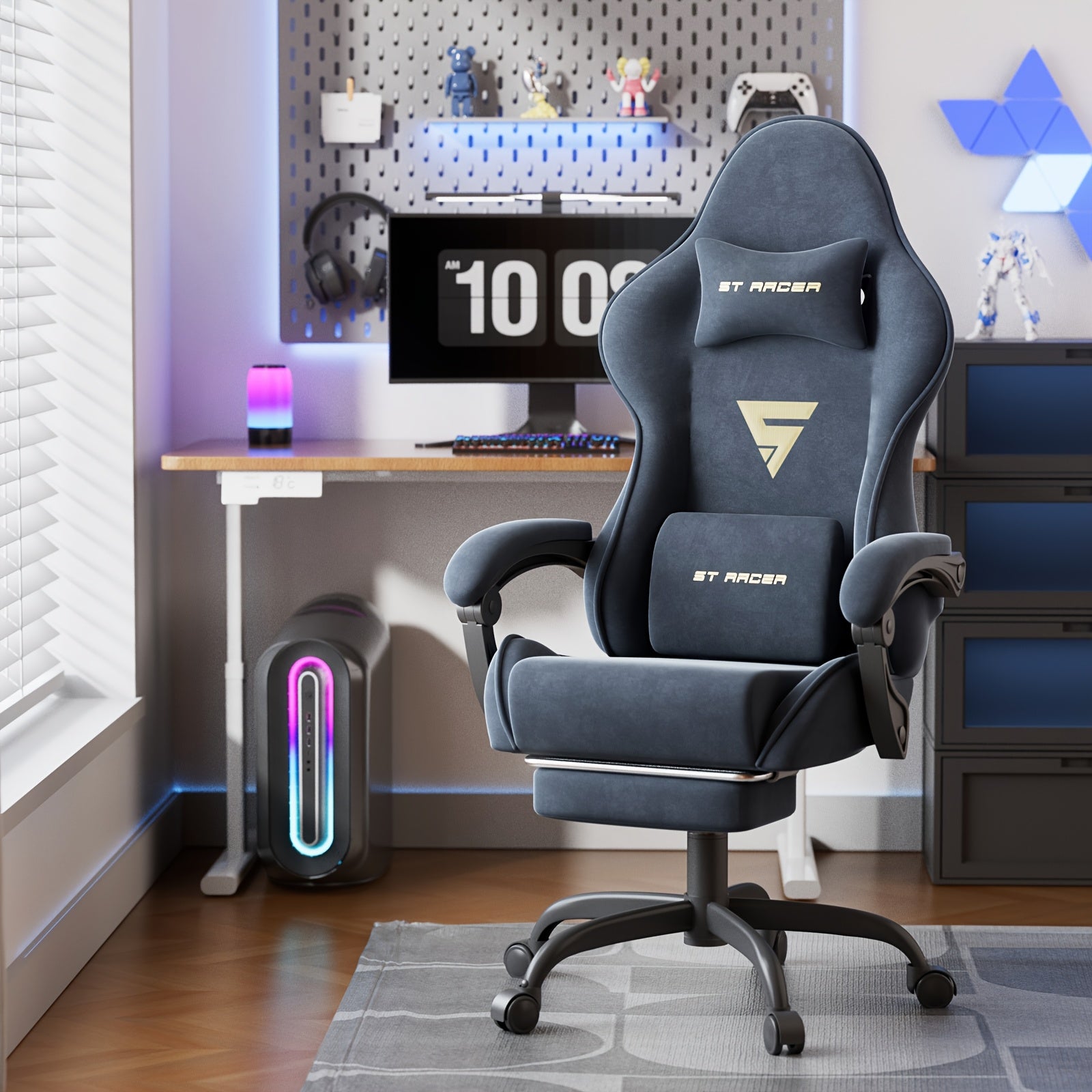 Velvet Fabric Ergonomic Gaming Chair with Footrest And Massage, Reclining Computer Gamer Chair for Adult And Teens, Racing Style PC Home Office Video Game Chair