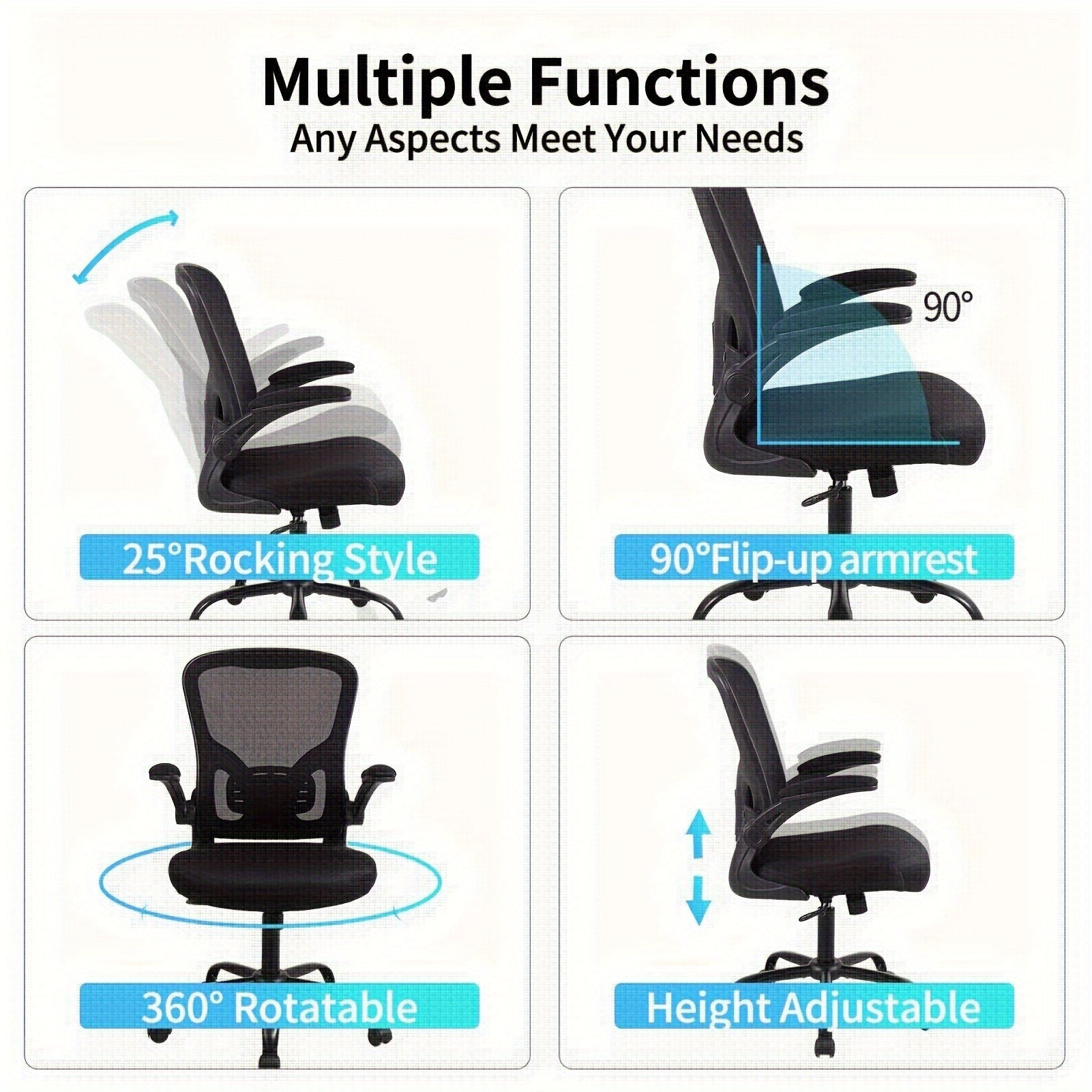 Home & Office Mesh Chair, Comfortable Breathable Adjustable Swivel Computer Chair, Ergonomic Design for Long Sitting,, Black One-piece