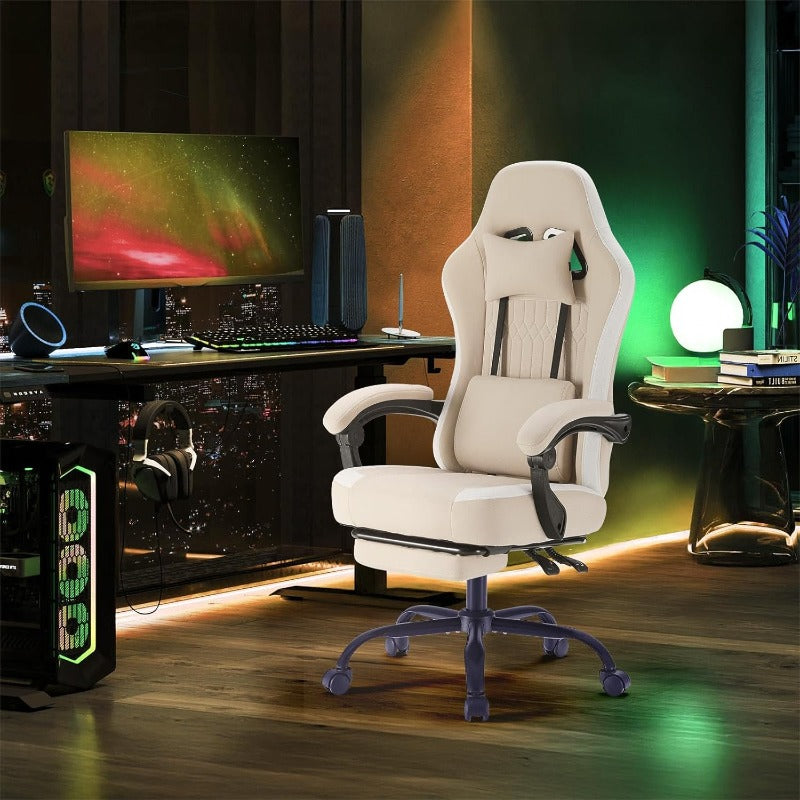 Computer Game Chair - Ergonomic Office Chair with Foot and Lumbar Support, Height Adjustable Work Chair, Headrests, Armrests, and Rollers